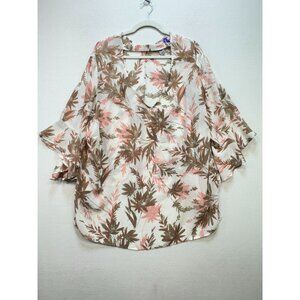 Catherines Womens Sheer Blouse Bell Sleeve Lightweight Size 3X Floral Pink Brown